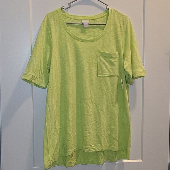 Chicos Womens Bright Green Short Sleeve Scoop Neck Flared Hem T Shirt Large 12 - Picture 1 of 6